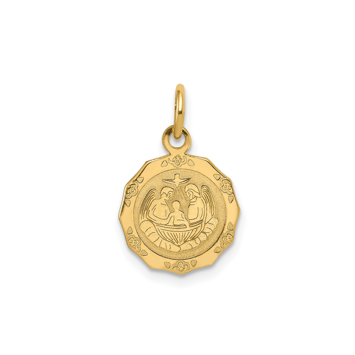 14k Yellow Gold Baptism Pendant with Angel and Dove Scene, Catholic Religious Medal Charm