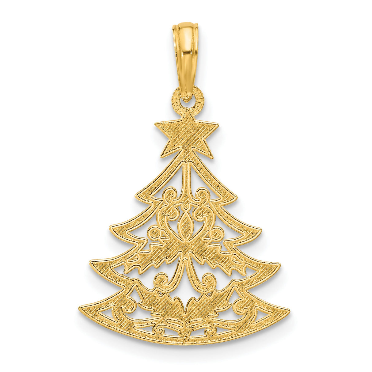 14k Yellow Gold Christmas Tree Pendant with Holly Leaves and Star Topper