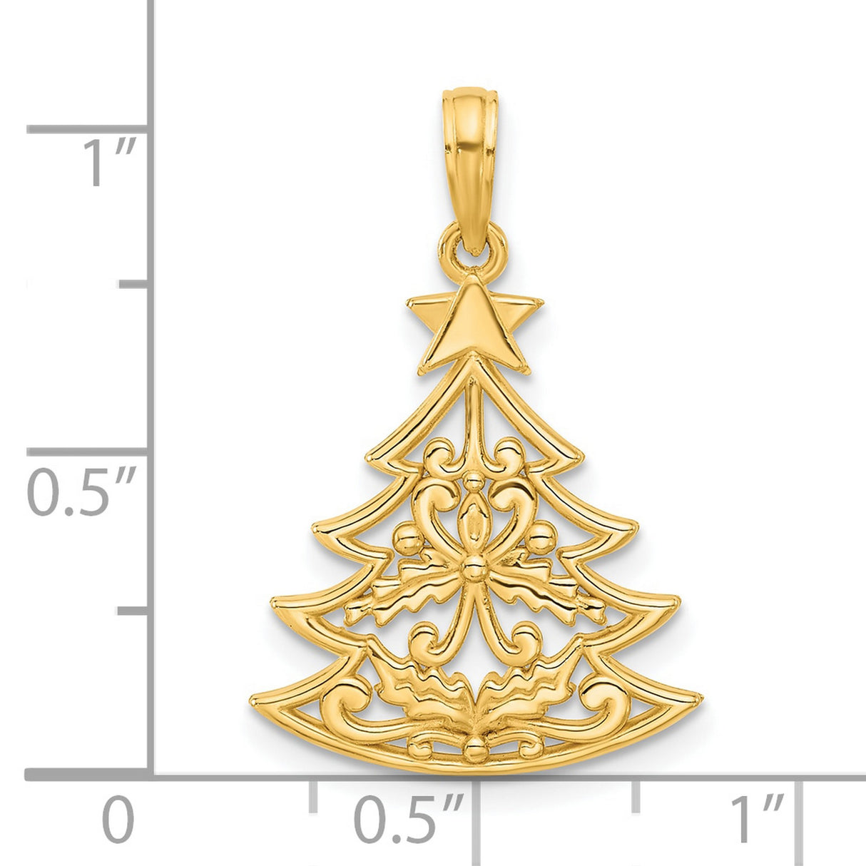 14k Yellow Gold Christmas Tree Pendant with Holly Leaves and Star Topper