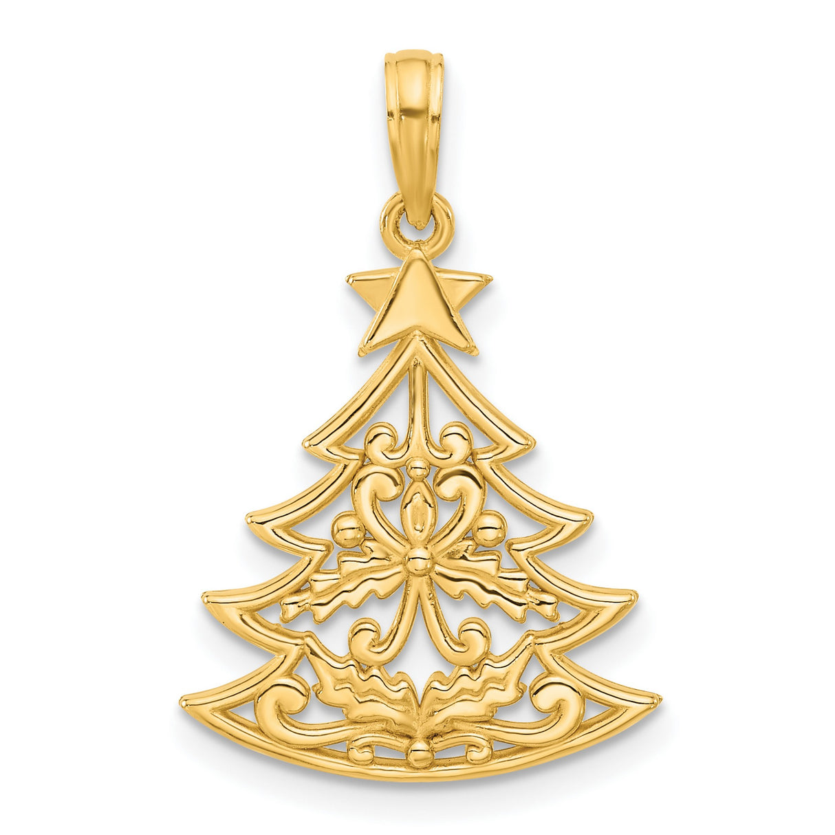 14k Yellow Gold Christmas Tree Pendant with Holly Leaves and Star Topper