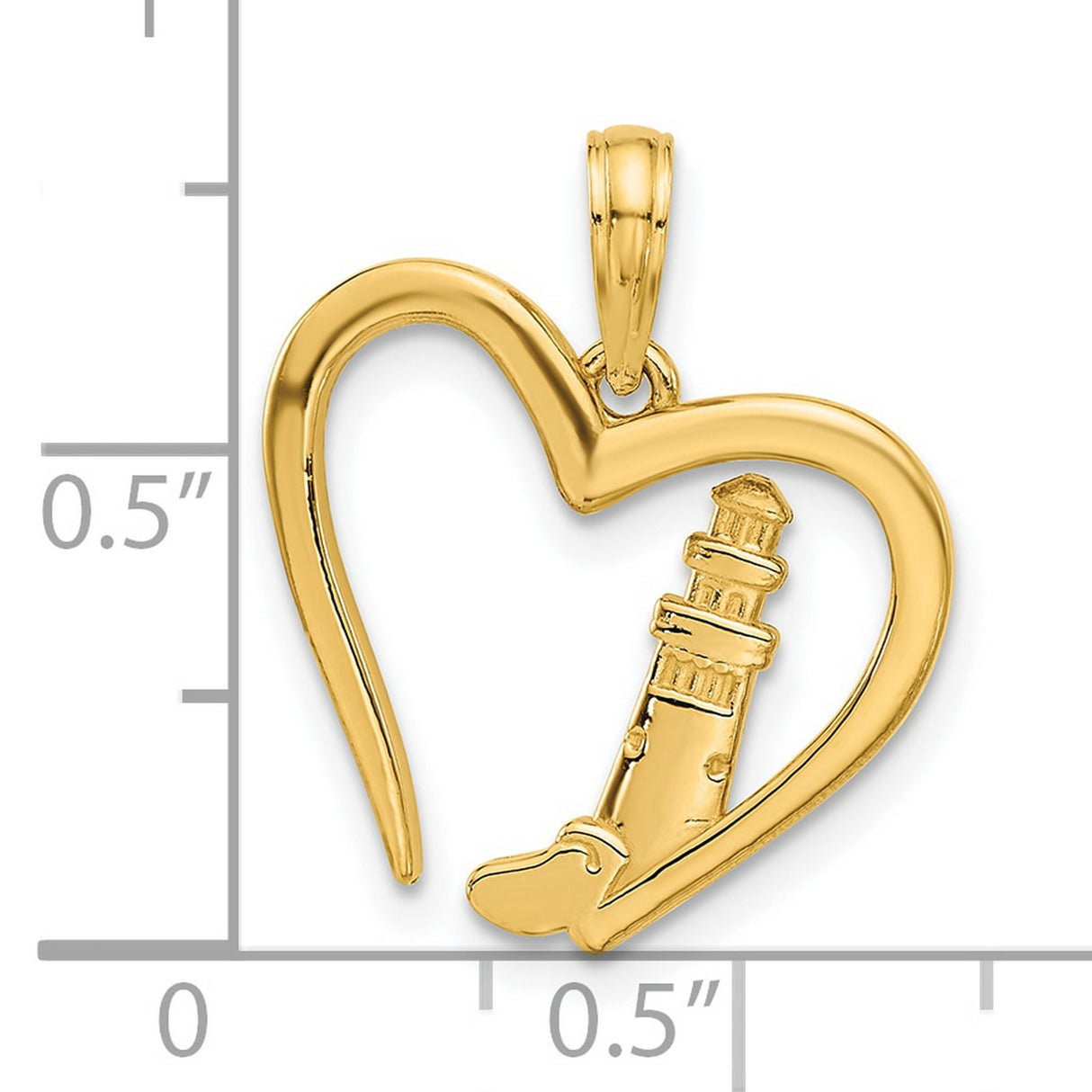 Polished Lighthouse In Heart Charm Pendant in Real 14k Yellow Gold