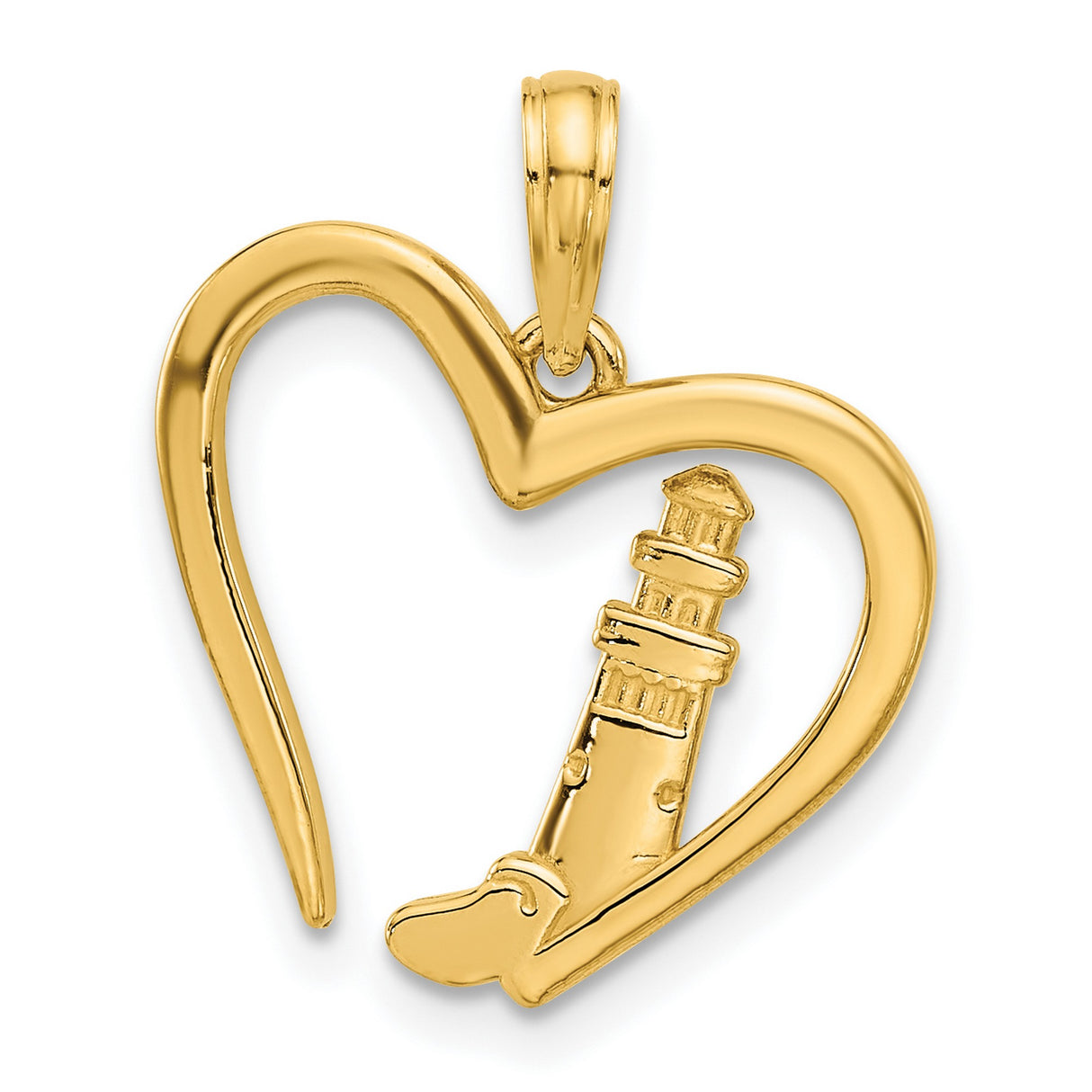 Polished Lighthouse In Heart Charm Pendant in Real 14k Yellow Gold
