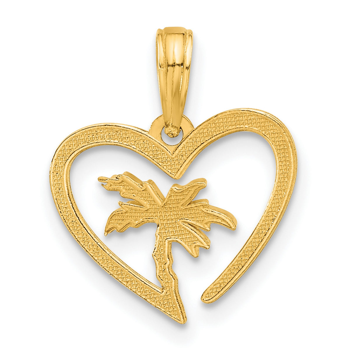 14k Yellow Gold Heart Pendant with Palm Tree Design, Tropical Island Style for Women