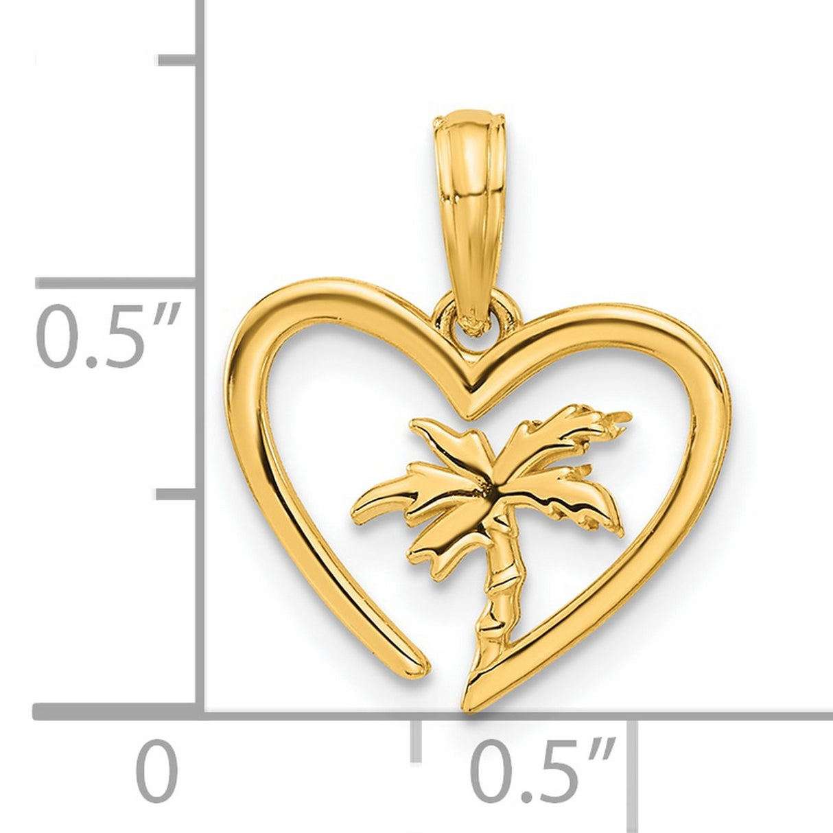14k Yellow Gold Heart Pendant with Palm Tree Design, Tropical Island Style for Women
