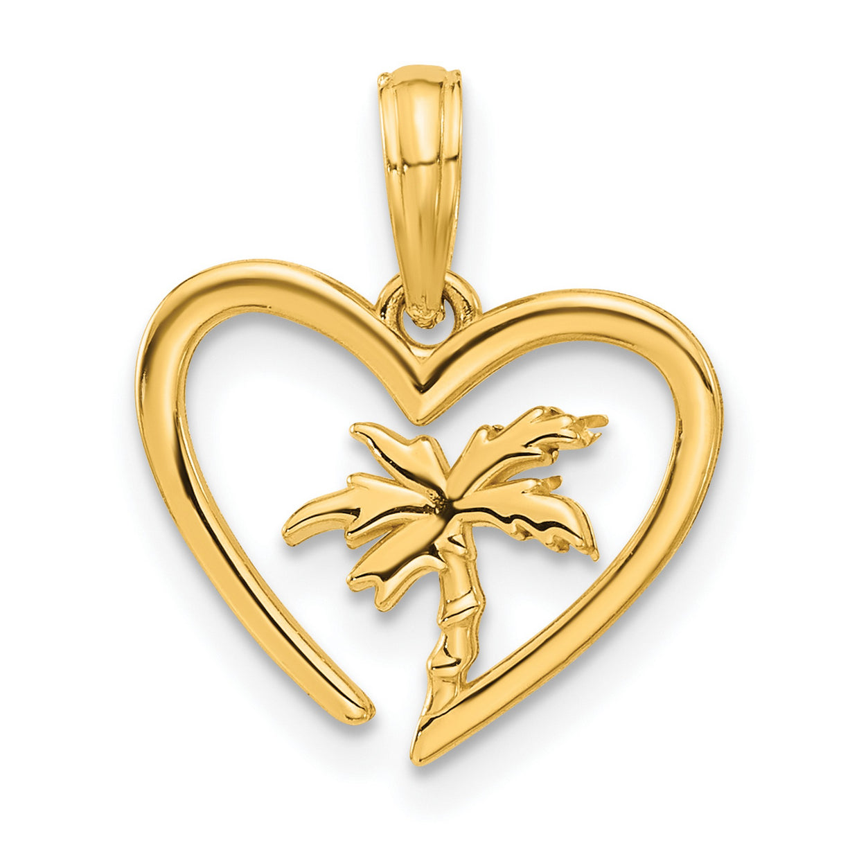 14k Yellow Gold Heart Pendant with Palm Tree Design, Tropical Island Style for Women