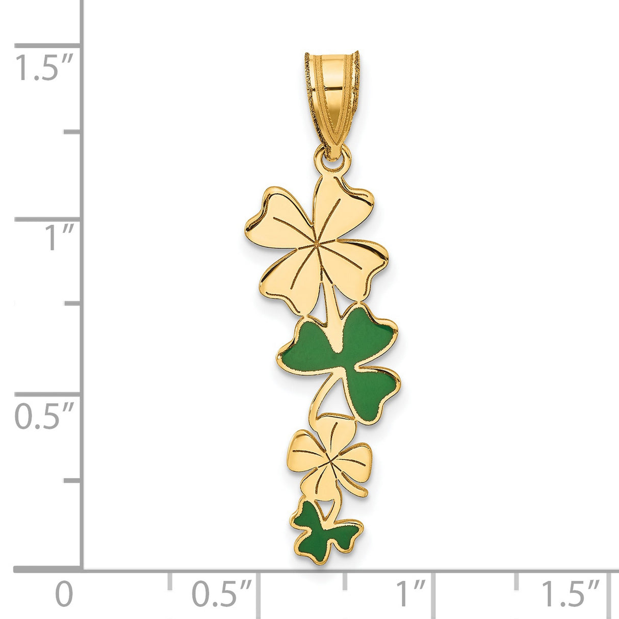Polished with Green Enameled Clovers Charm Pendant in Real 14k Yellow Gold
