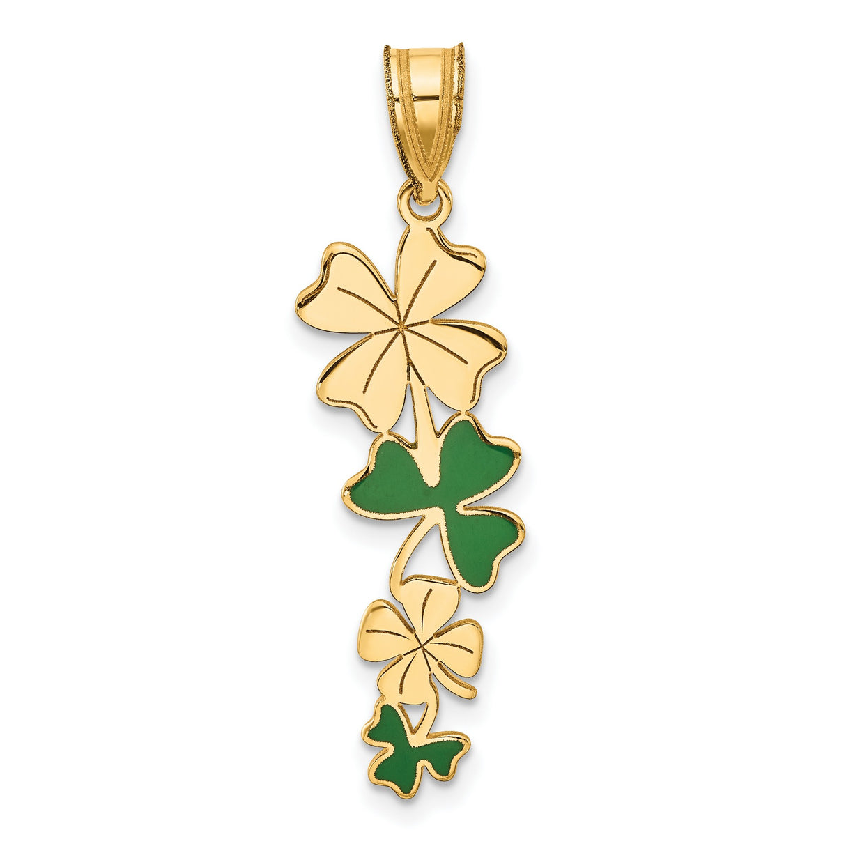 Polished with Green Enameled Clovers Charm Pendant in Real 14k Yellow Gold