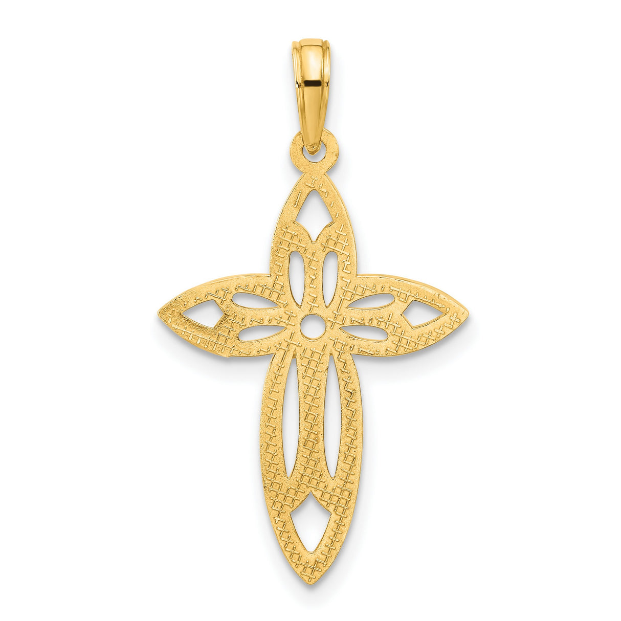14k Yellow Gold Cross Pendant with Floral Cutout Design and Polished Finish