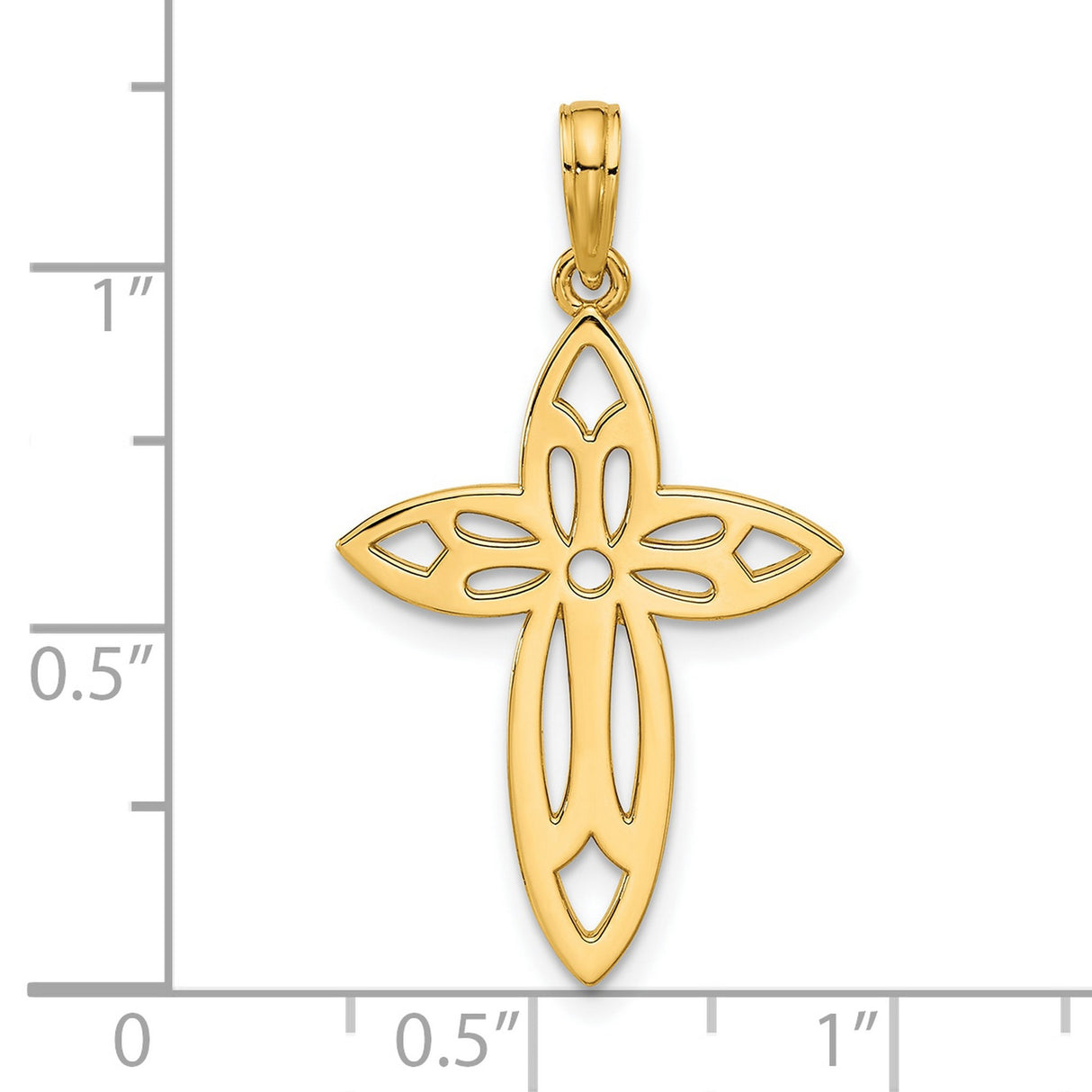 14k Yellow Gold Cross Pendant with Floral Cutout Design and Polished Finish