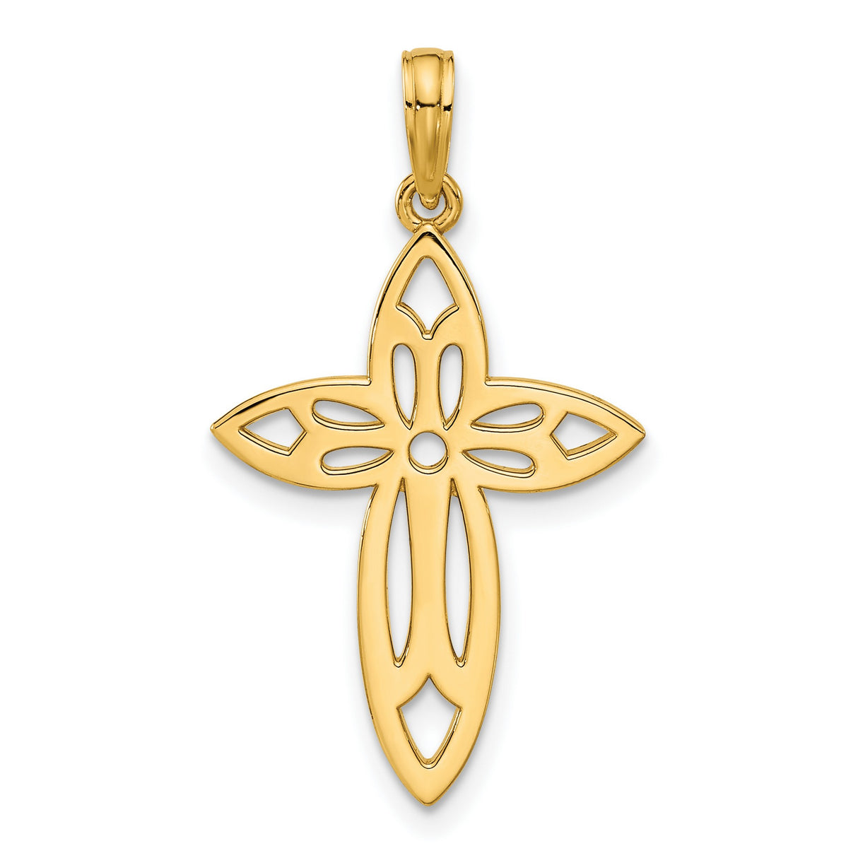 14k Yellow Gold Cross Pendant with Floral Cutout Design and Polished Finish