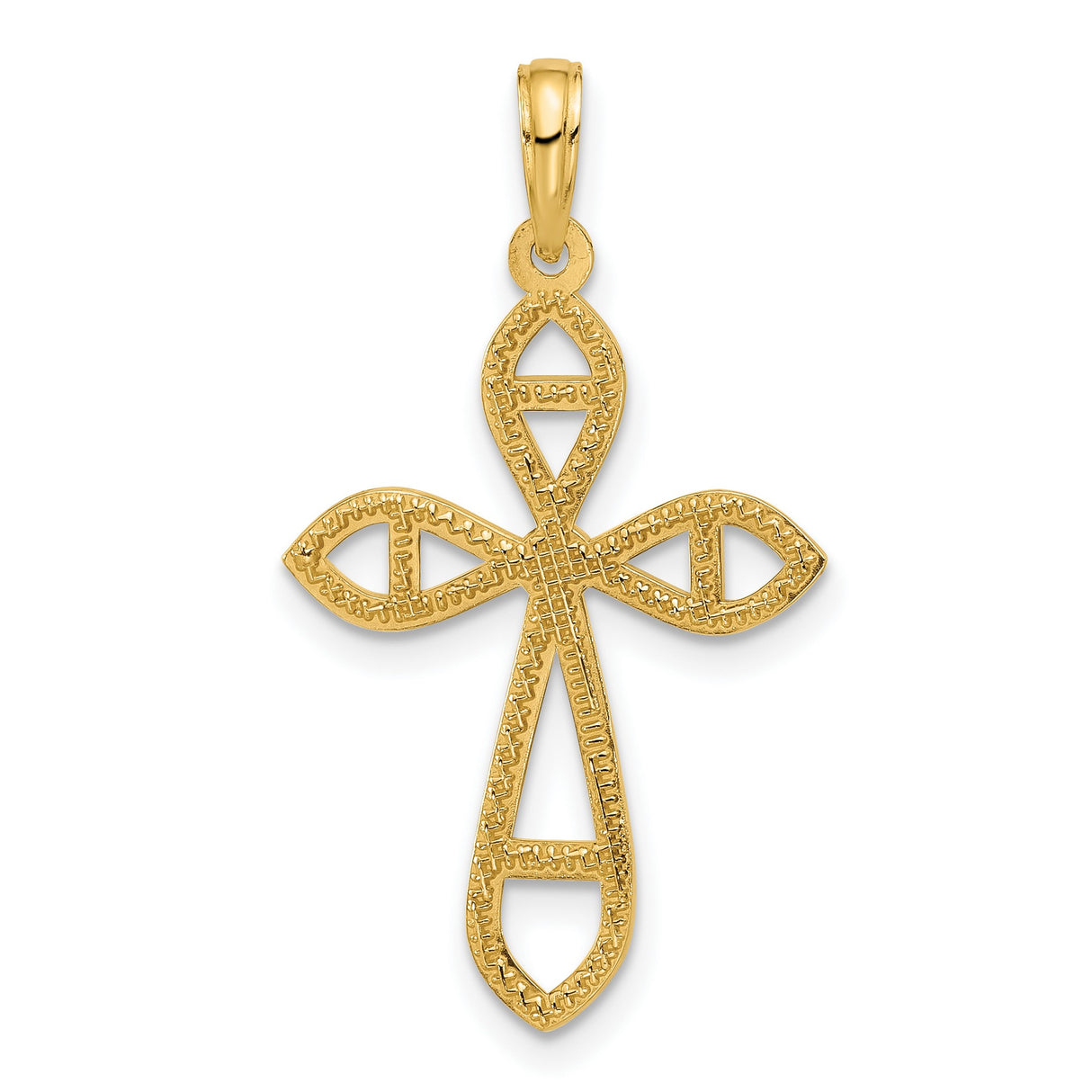 14k Yellow Gold Cross Pendant with Openwork Leaf Design and Rounded Marquise Center