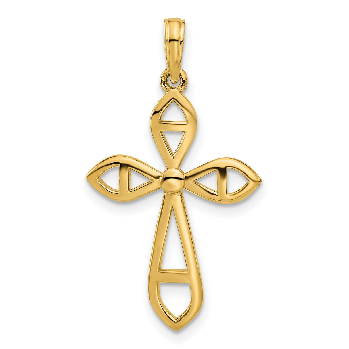 14k Yellow Gold Cross Pendant with Openwork Leaf Design and Rounded Marquise Center