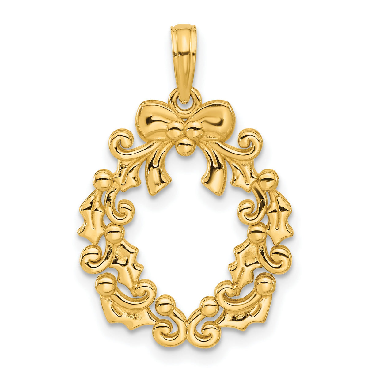 14k Yellow Gold Christmas Wreath Pendant with Holly Leaves and Bow, Holiday Charm