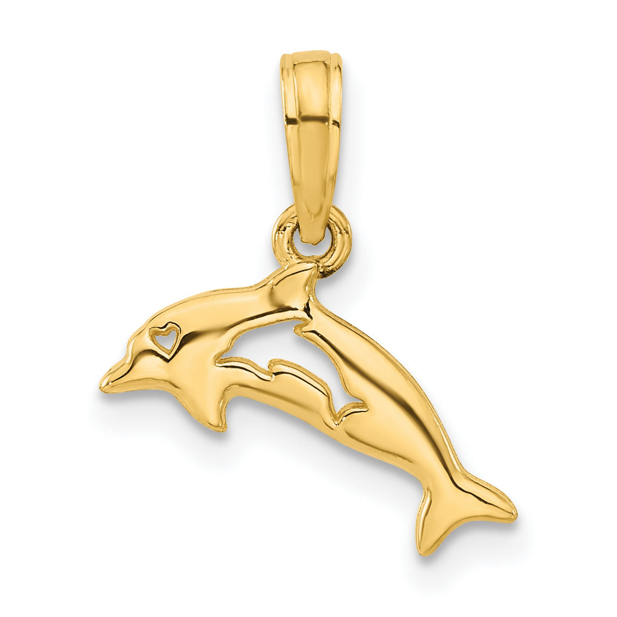 14k Yellow Gold Dolphin Pendant with Heart Cutout, Ocean-Inspired Nautical Charm
