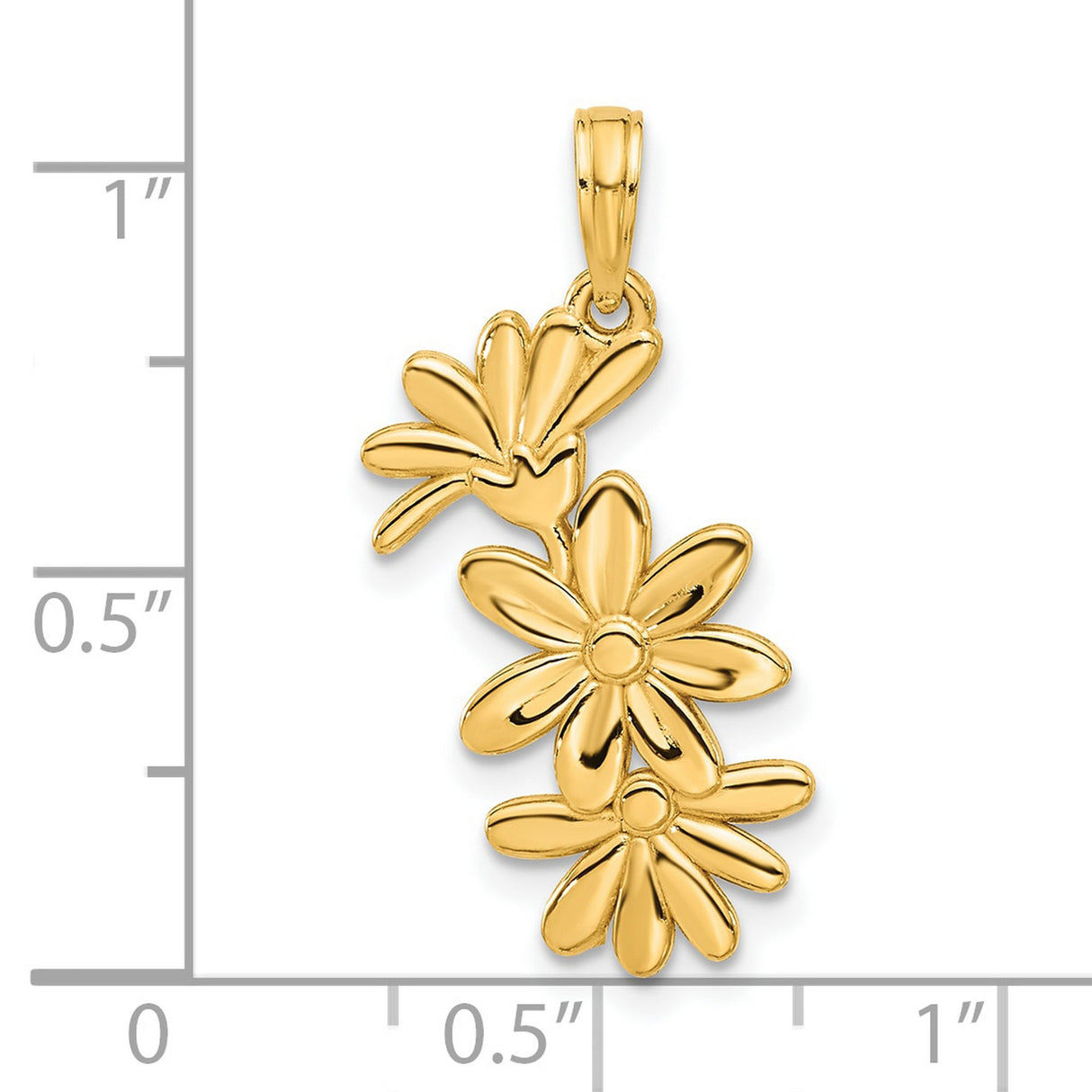 14k Yellow Gold Pendant with Three Daisy Flower Design, Polished Botanical Motif