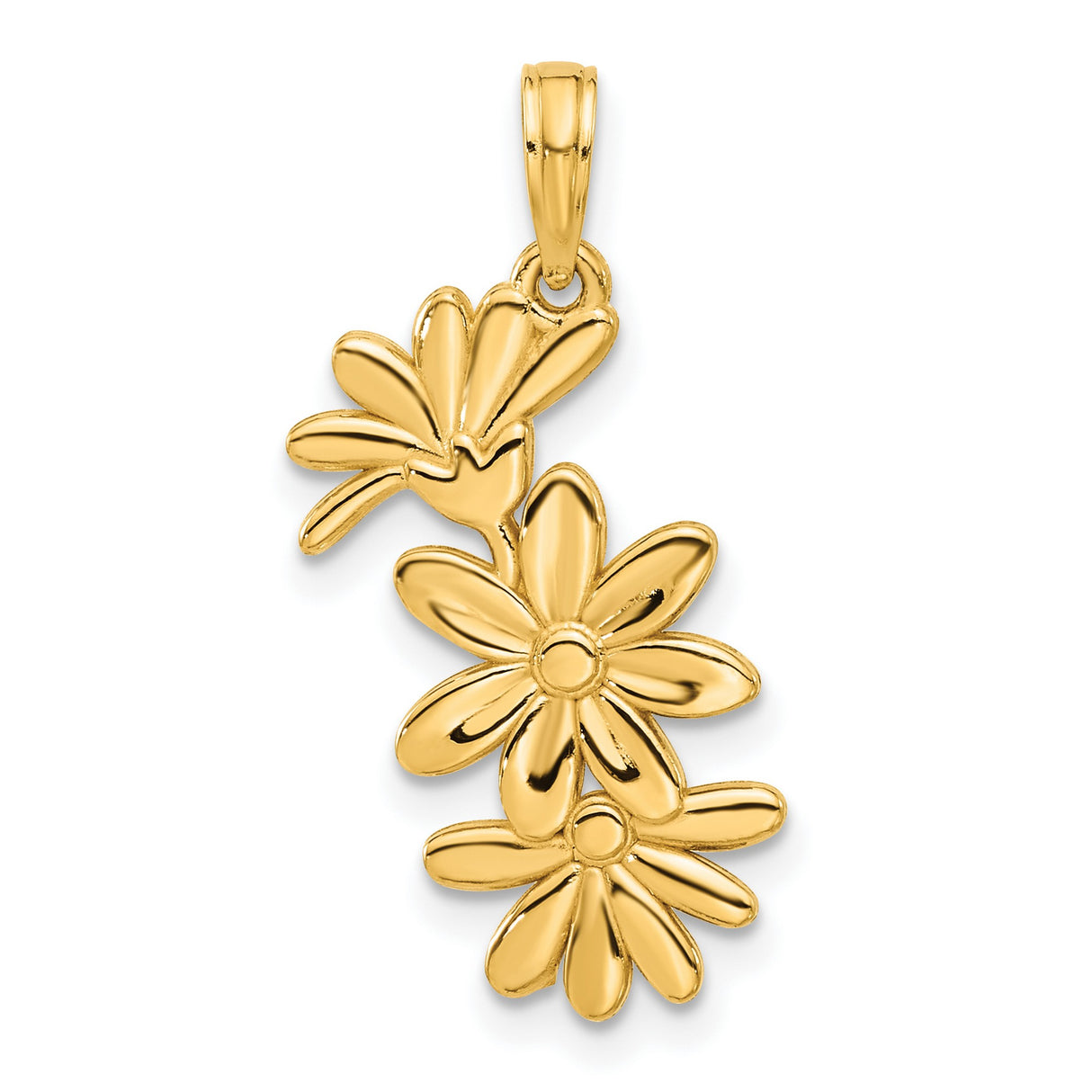 14k Yellow Gold Pendant with Three Daisy Flower Design, Polished Botanical Motif