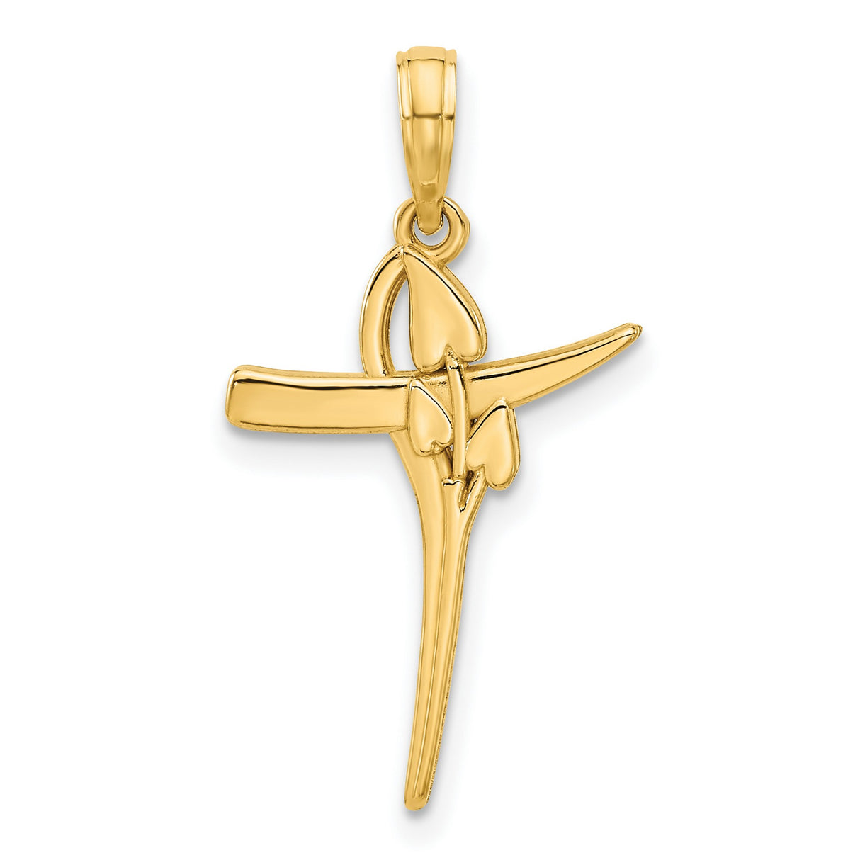 14k Yellow Gold Cross Pendant with Polished Finish and Floral Heart Design