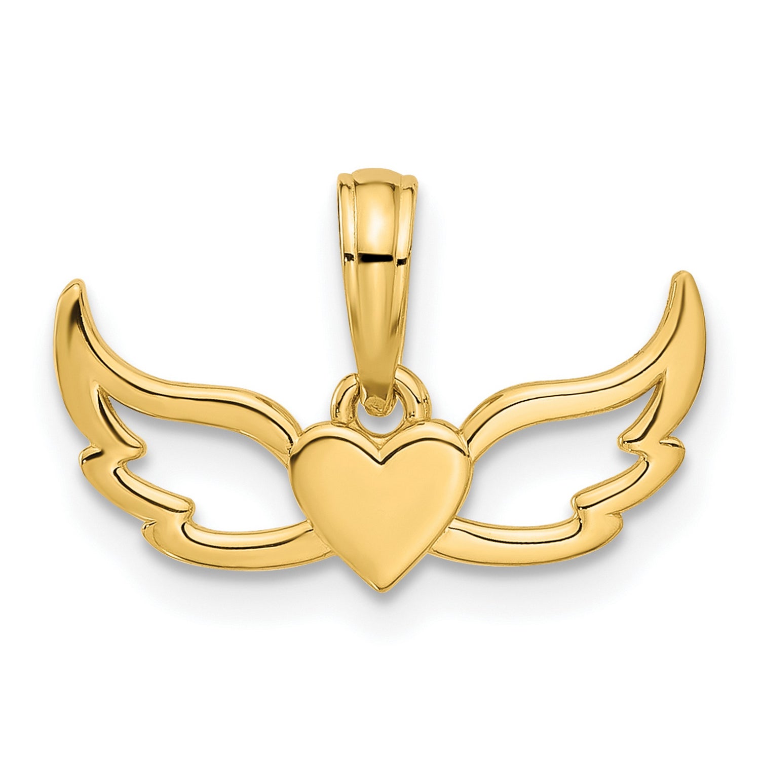 14k Yellow Gold Heart Wings Pendant with Open Angel Wing Design, Symbolizing Love and Freedom