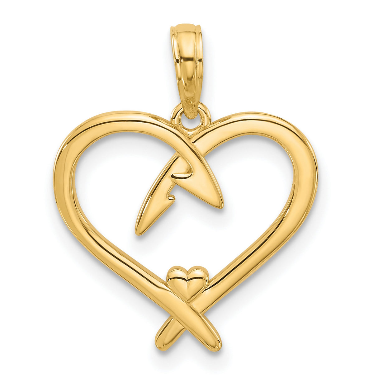 14k Yellow Gold Heart Pendant with Open Heart and Ribbon Design