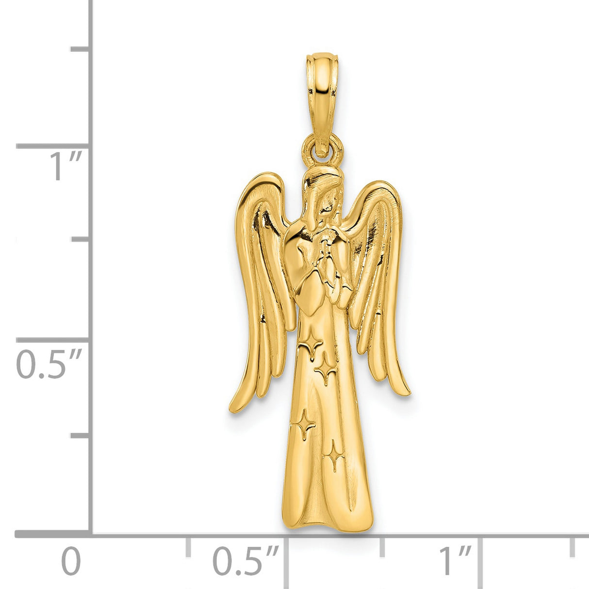 14k Yellow Gold Angel Pendant with Praying Figure, Flowing Wings and Star Accents