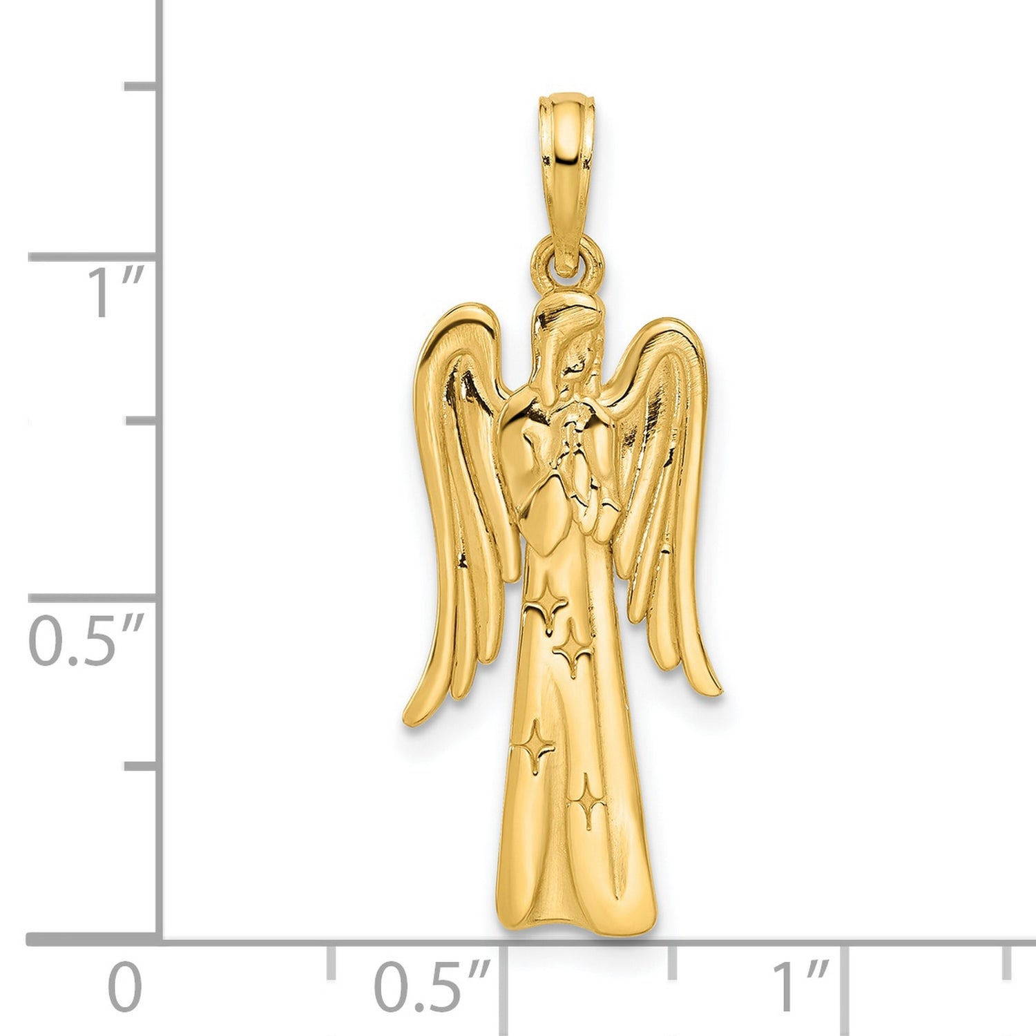 14k Yellow Gold Angel Pendant with Praying Figure, Flowing Wings and Star Accents