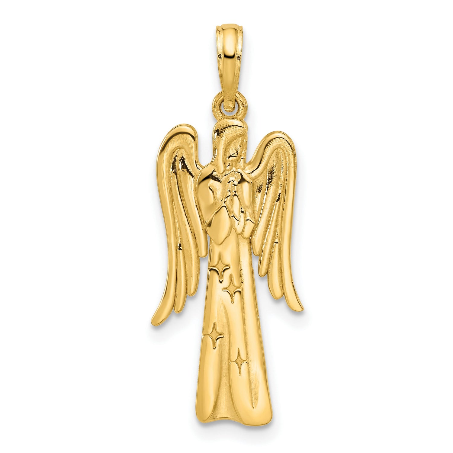 14k Yellow Gold Angel Pendant with Praying Figure, Flowing Wings and Star Accents