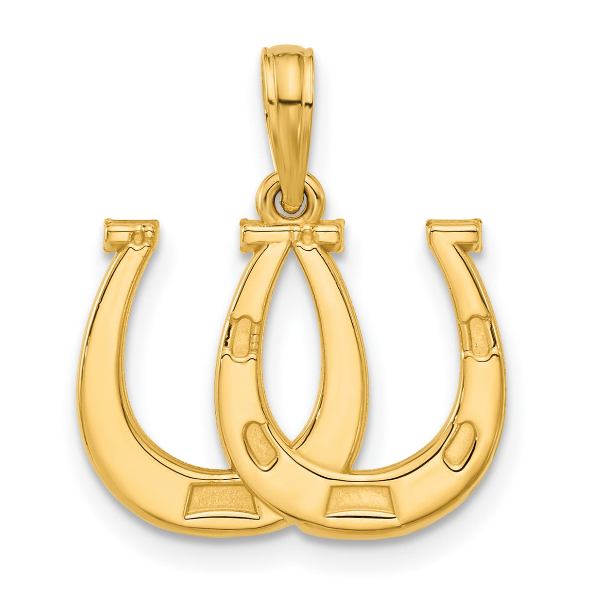 14k Yellow Gold Pendant with Overlapping Horseshoes, Equestrian Luck Charm for Women or Unisex Wear