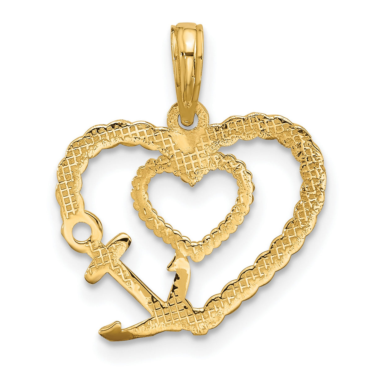 14k Multi-Tone Gold Anchor Pendant with Twisted Rope Heart and Rhodium Accents