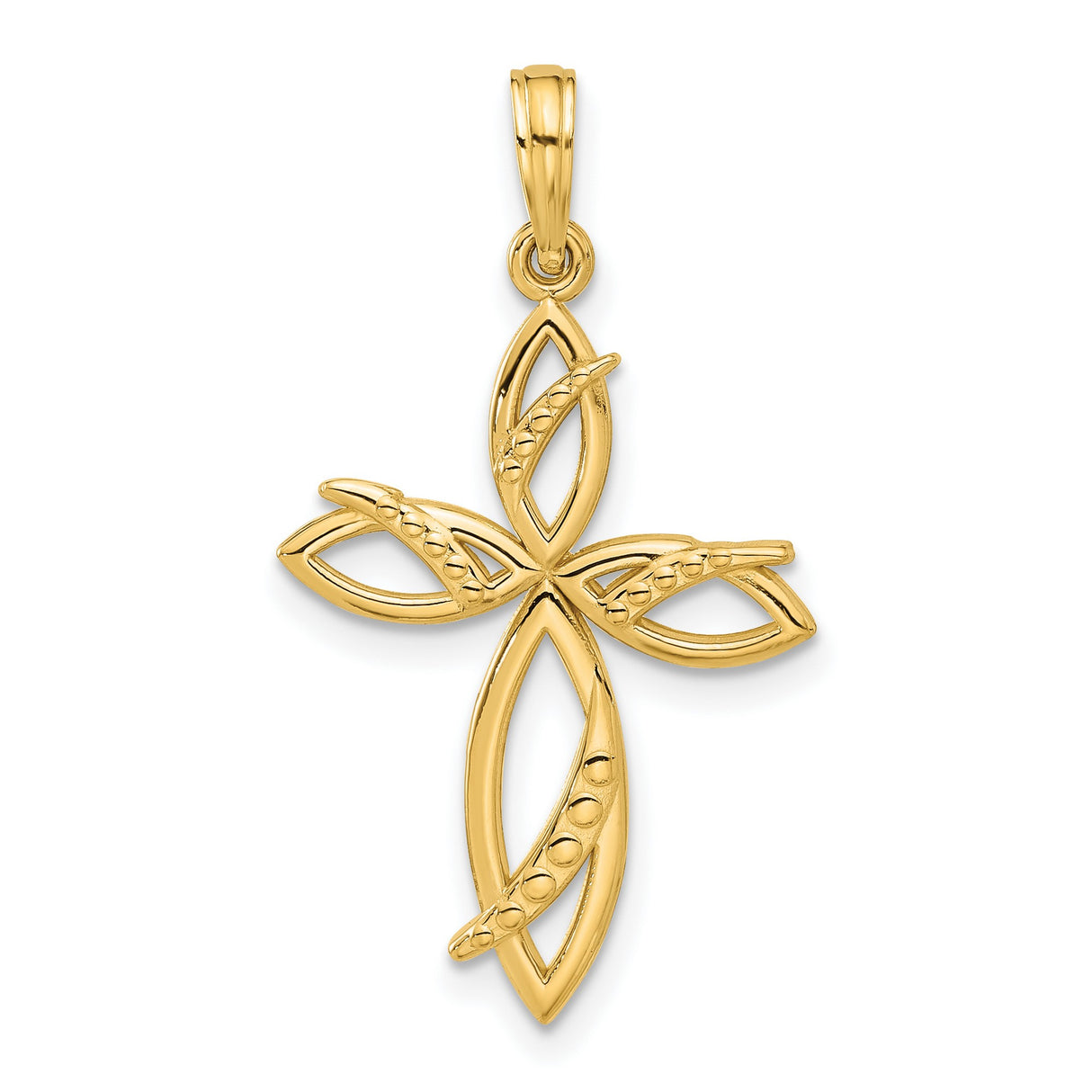 14k Yellow Gold Cross Pendant with Openwork Marquise Design and Beaded Detail