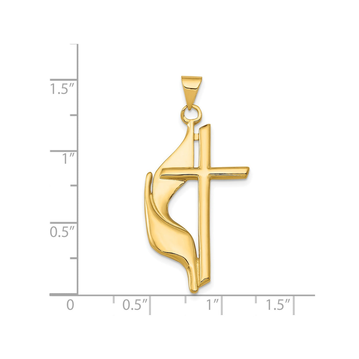 14k Yellow Gold Cross Pendant with Flame Design, Modern Religious Jewelry for Men and Women