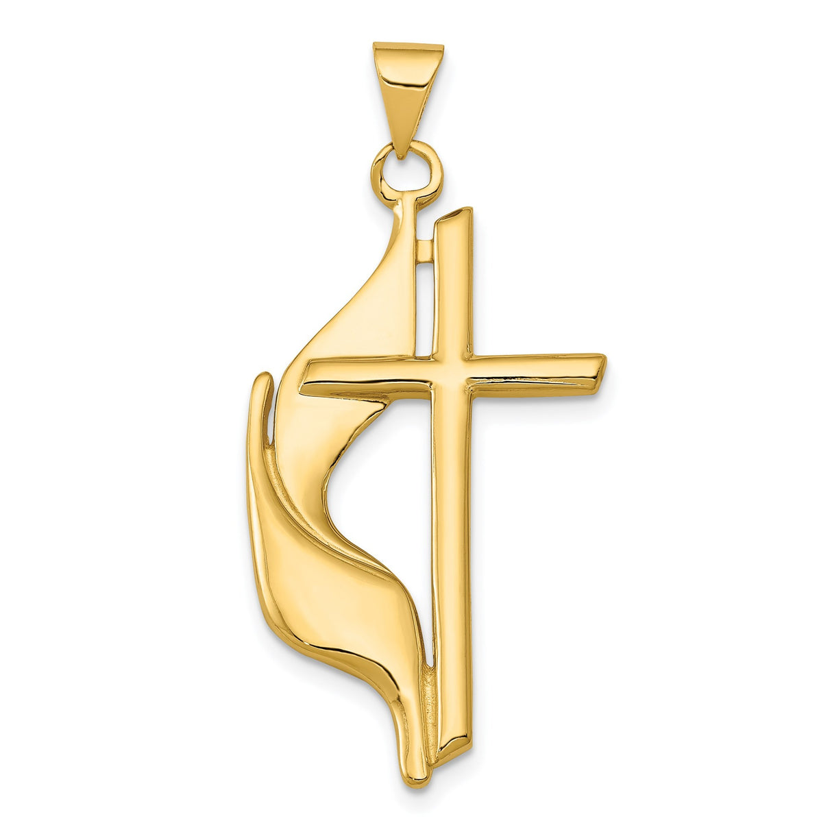 14k Yellow Gold Cross Pendant with Flame Design, Modern Religious Jewelry for Men and Women