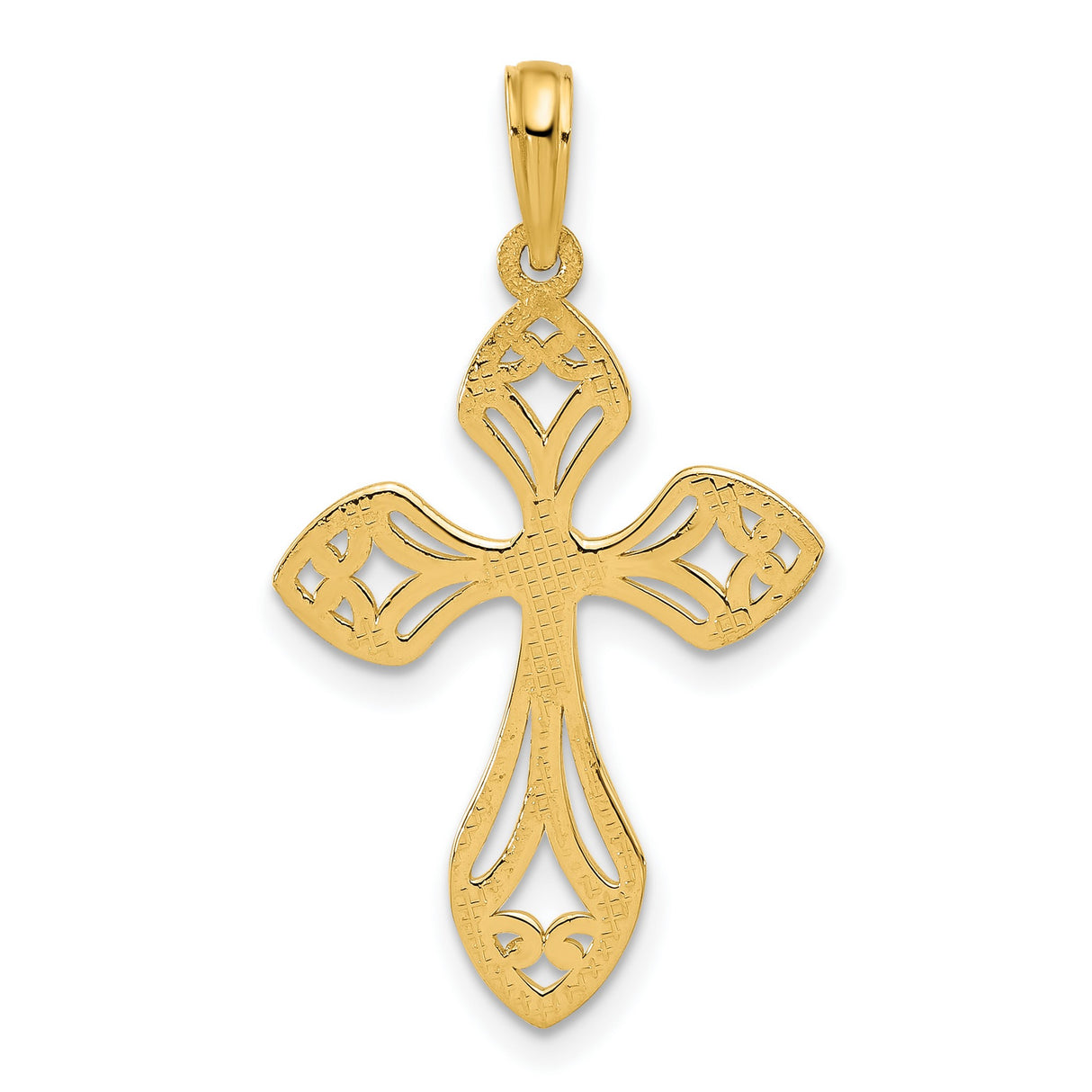 14k Yellow Gold Cross Pendant with Filigree Openwork Design and Curved Arms