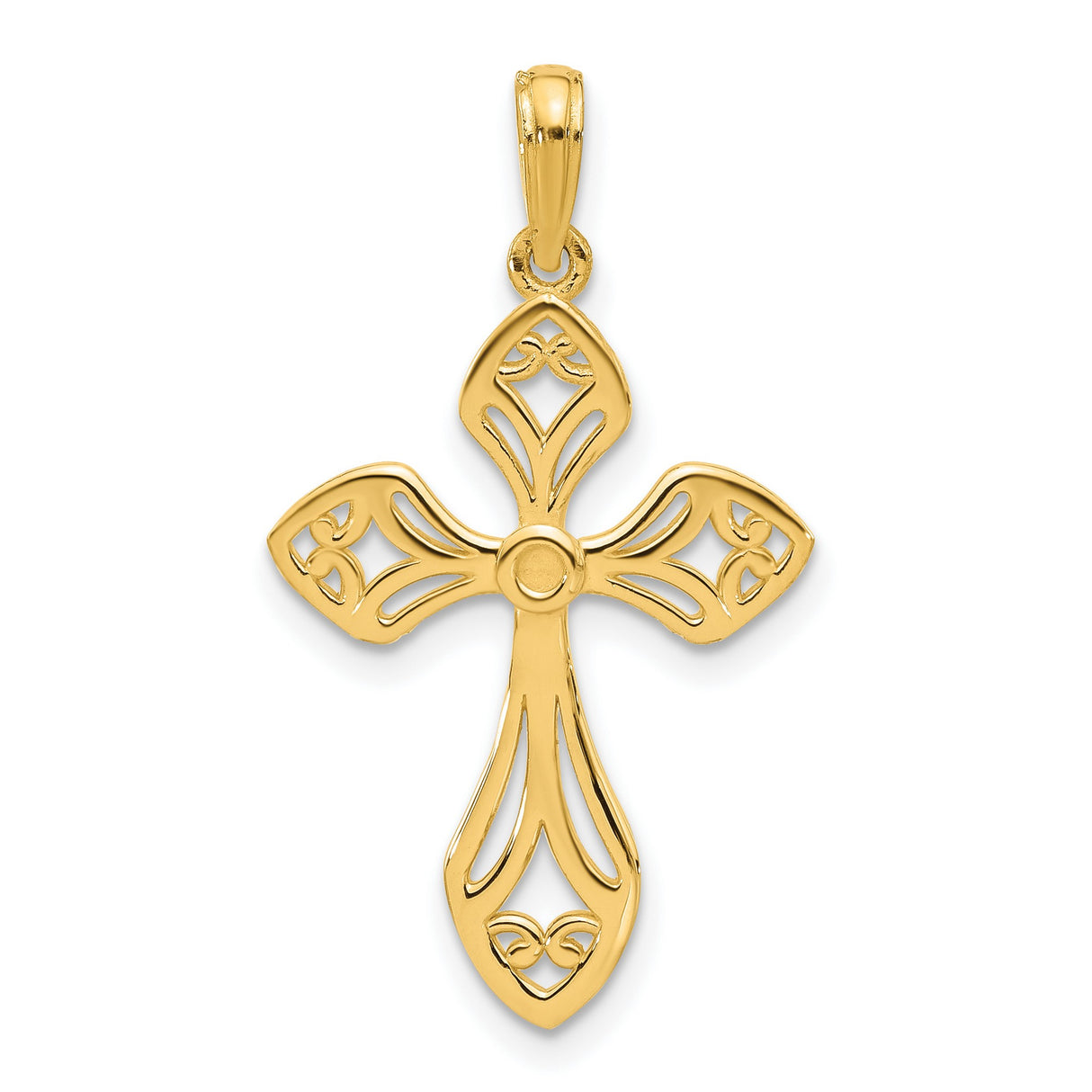 14k Yellow Gold Cross Pendant with Filigree Openwork Design and Curved Arms