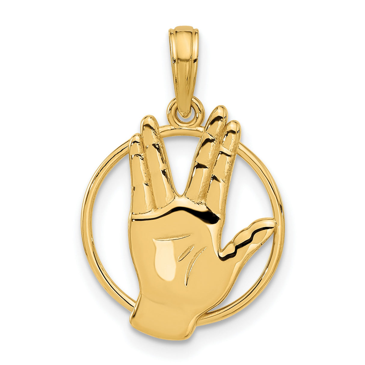14k Yellow Gold Vulcan Salute Pendant, Sci-Fi Hand Gesture Symbol, Star Trek Fan Jewelry