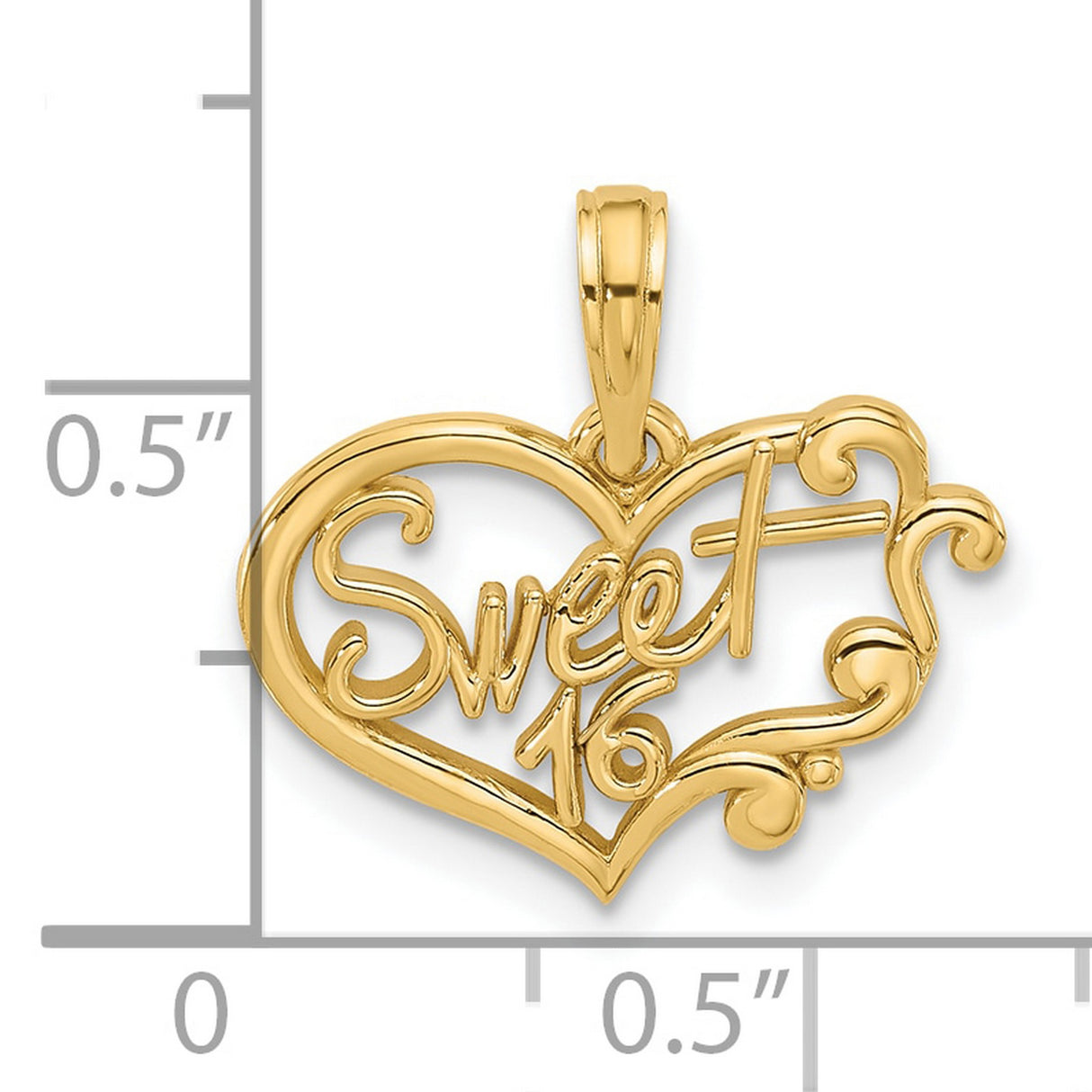 14k Yellow Gold Heart Pendant with Sweet 16 Script, Teen Girl Birthday Charm