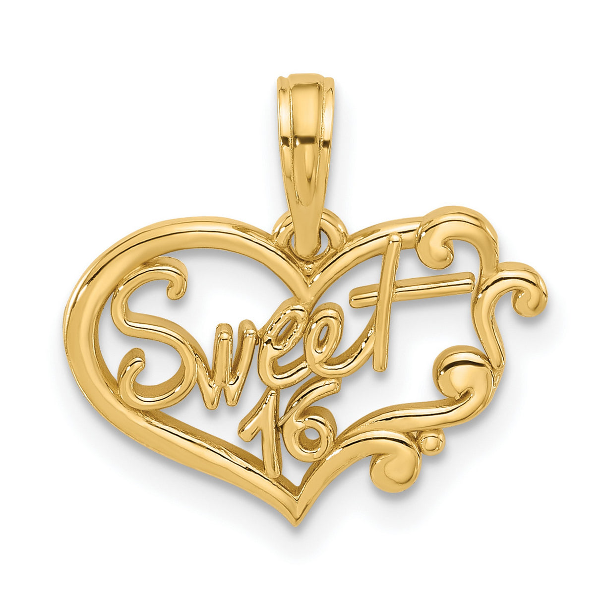 14k Yellow Gold Heart Pendant with Sweet 16 Script, Teen Girl Birthday Charm