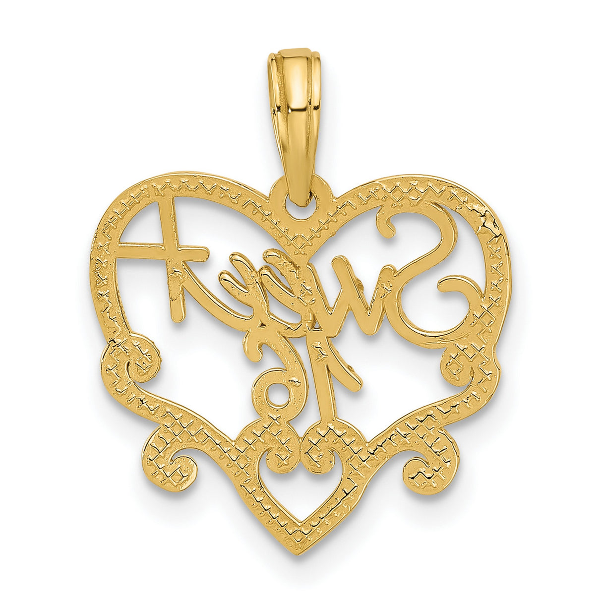 14k Yellow Gold Heart Pendant with Sweet 16 Script, Filigree Charm for Teen Girl