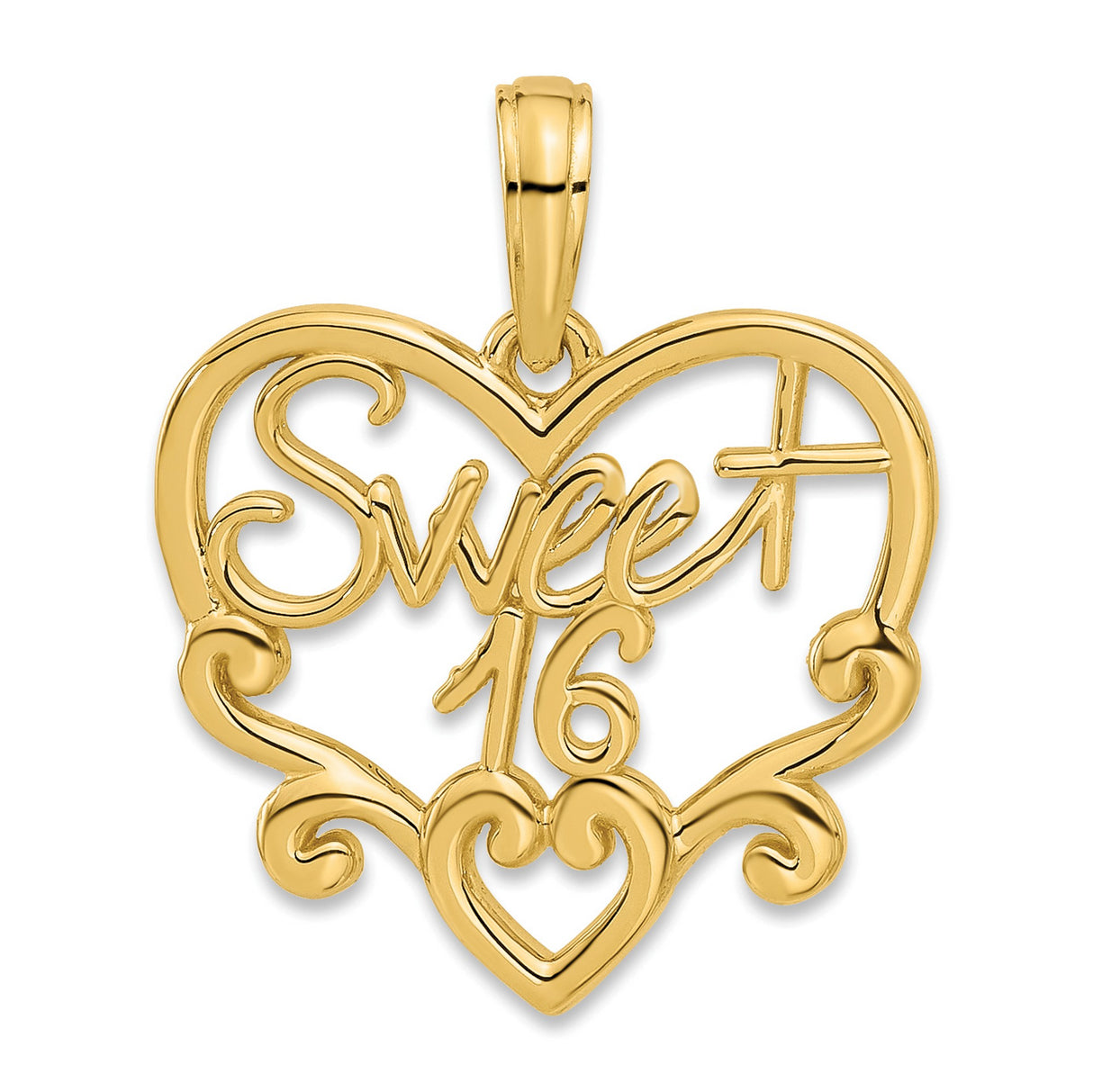 14k Yellow Gold Heart Pendant with Sweet 16 Script, Filigree Charm for Teen Girl