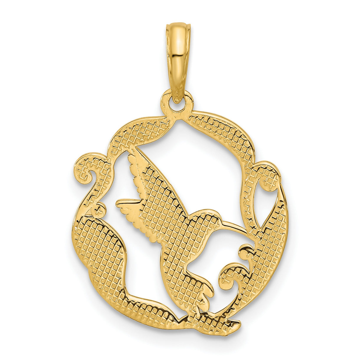 14k Yellow Gold Hummingbird Pendant with Floral Scrollwork and Bird in Flight Motif