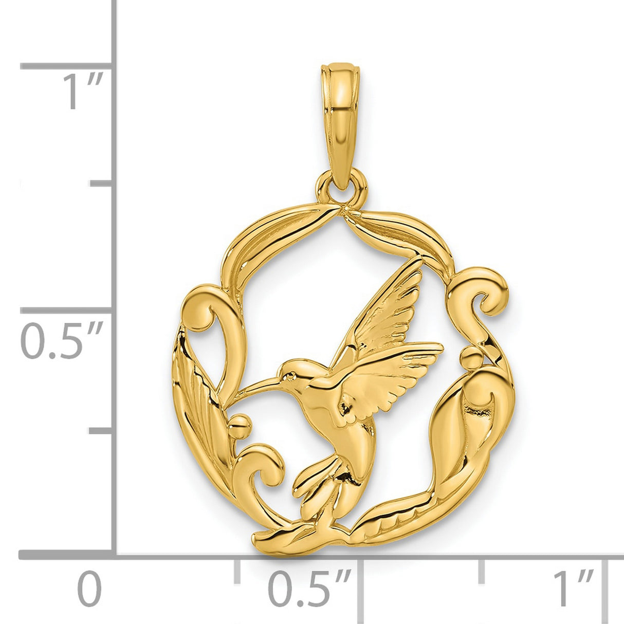 14k Yellow Gold Hummingbird Pendant with Floral Scrollwork and Bird in Flight Motif