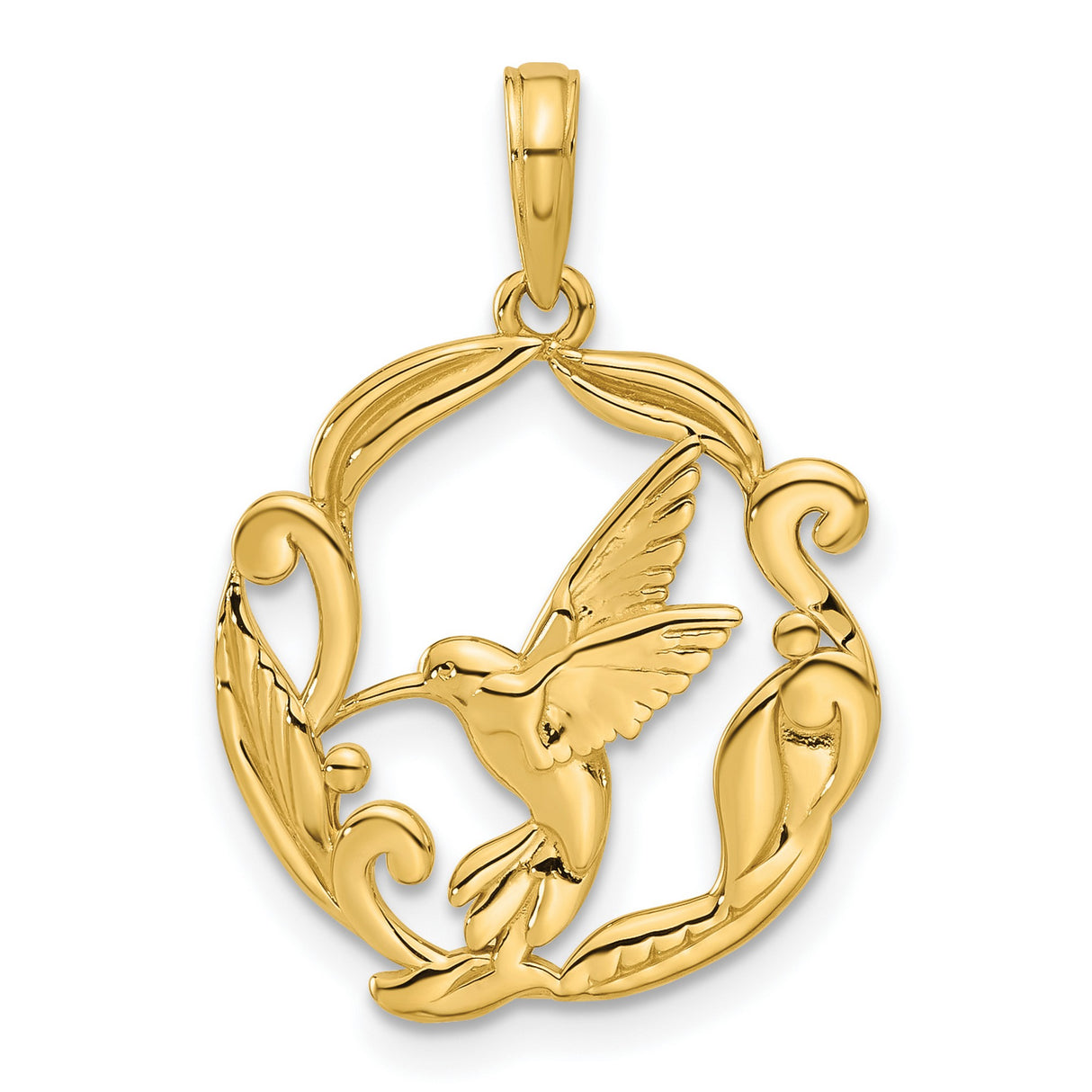 14k Yellow Gold Hummingbird Pendant with Floral Scrollwork and Bird in Flight Motif