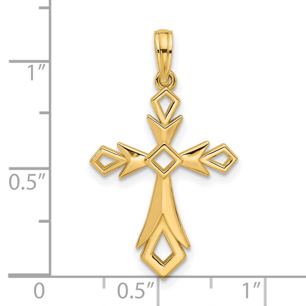 14k Yellow Gold Cross Pendant with Geometric Design, High Polish Religious Charm