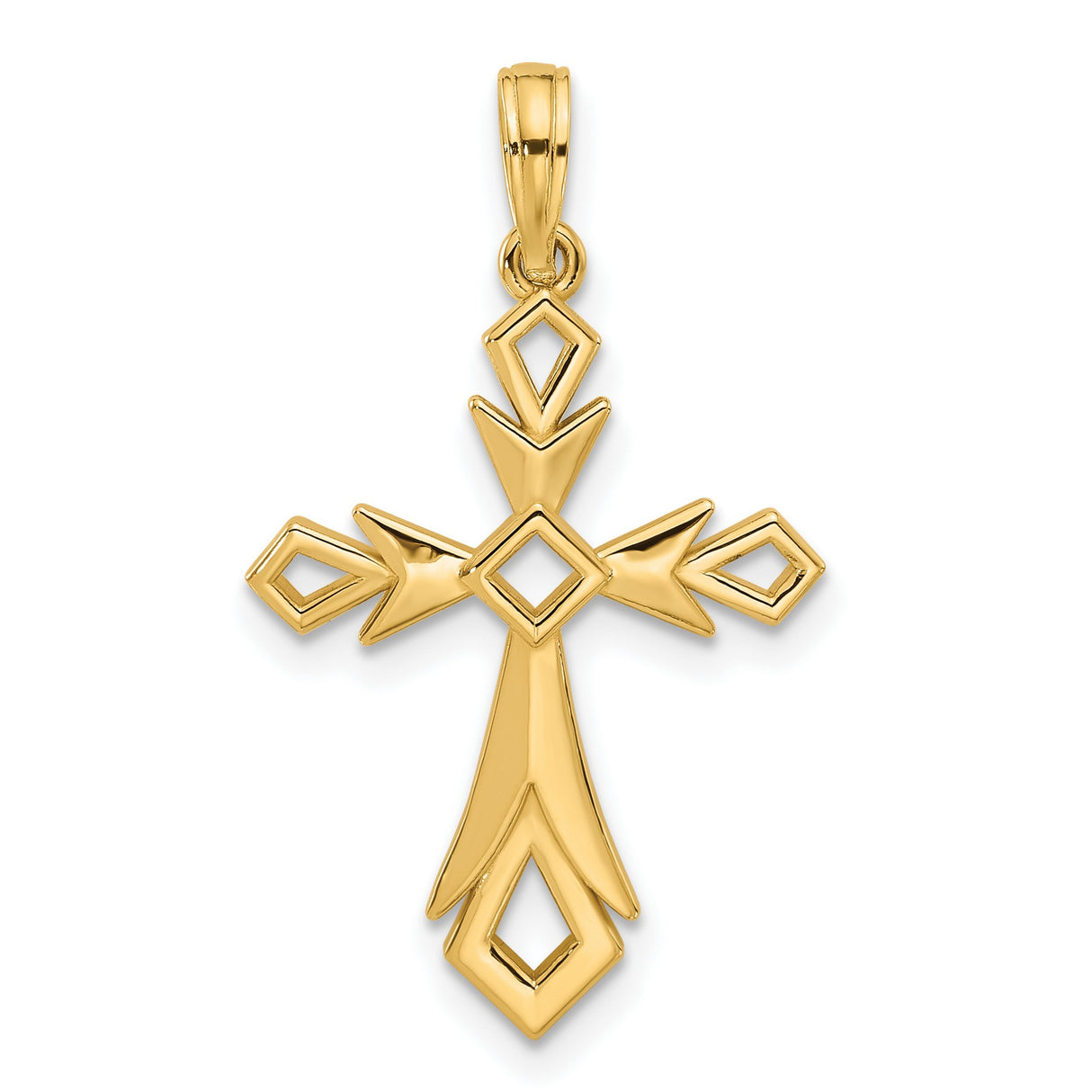 14k Yellow Gold Cross Pendant with Geometric Design, High Polish Religious Charm