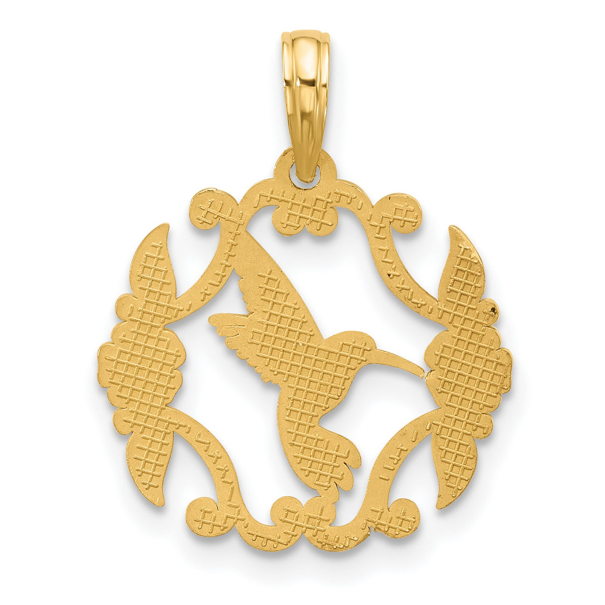 14k Yellow Gold Pendant with Hummingbird, Scroll and Floral Design, Nature-Inspired Charm