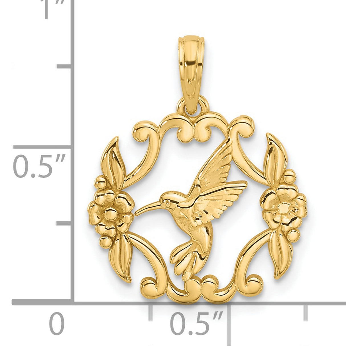 14k Yellow Gold Pendant with Hummingbird, Scroll and Floral Design, Nature-Inspired Charm