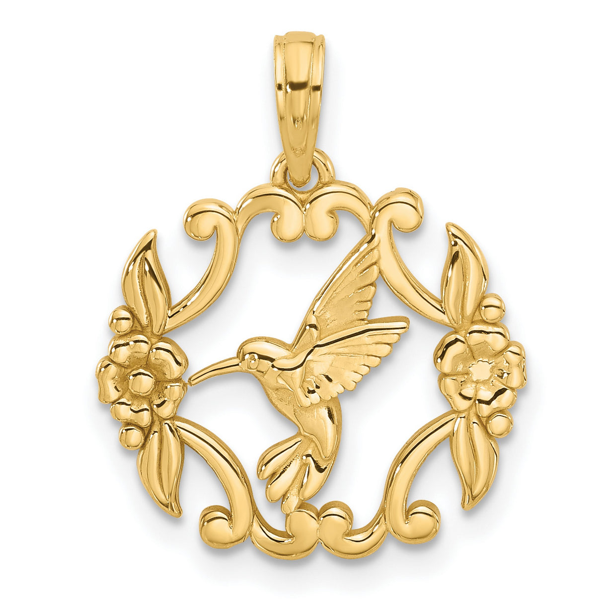 14k Yellow Gold Pendant with Hummingbird, Scroll and Floral Design, Nature-Inspired Charm