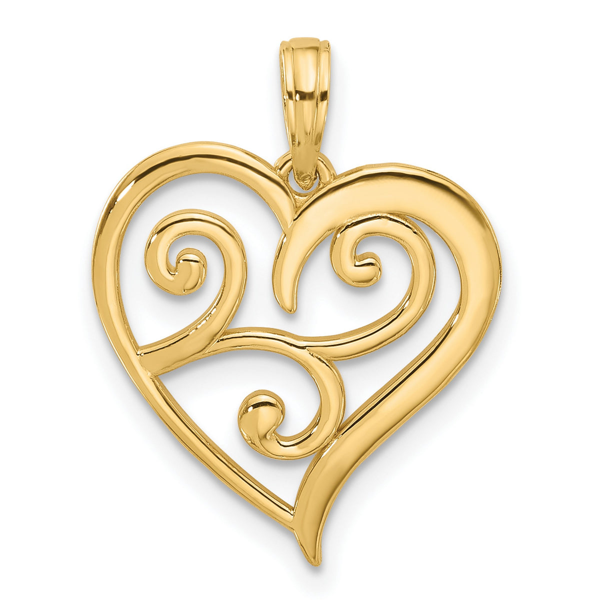 14k Yellow Gold Heart Pendant with Open Scroll and Polished Swirl Design