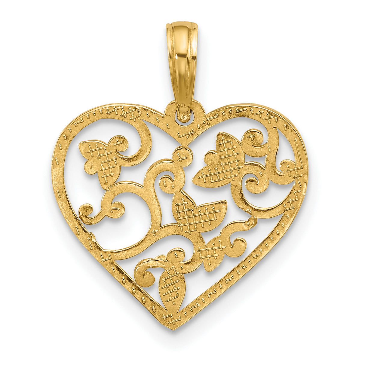 14k Yellow Gold Heart Pendant with Openwork Floral Scroll Design for Women