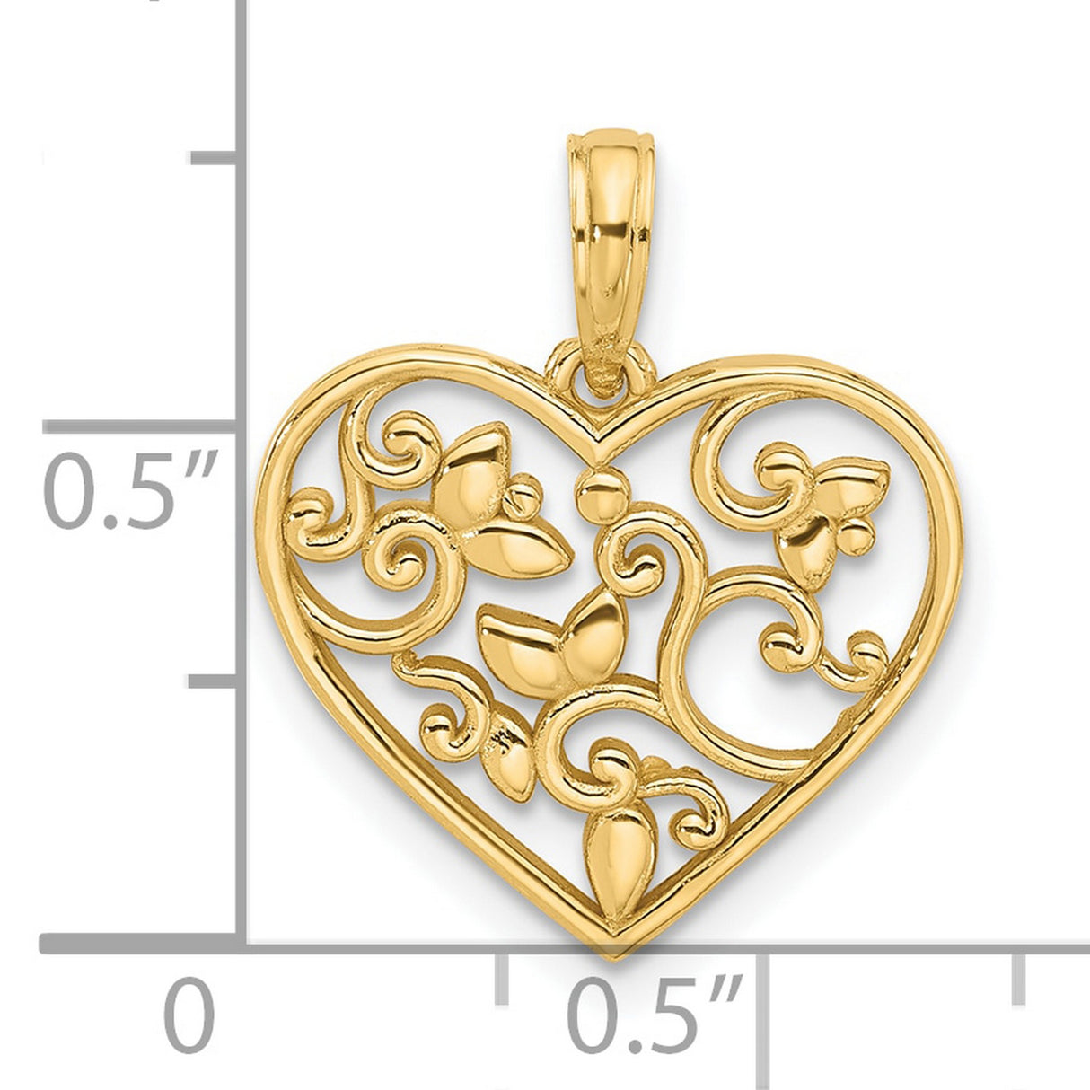 14k Yellow Gold Heart Pendant with Openwork Floral Scroll Design for Women