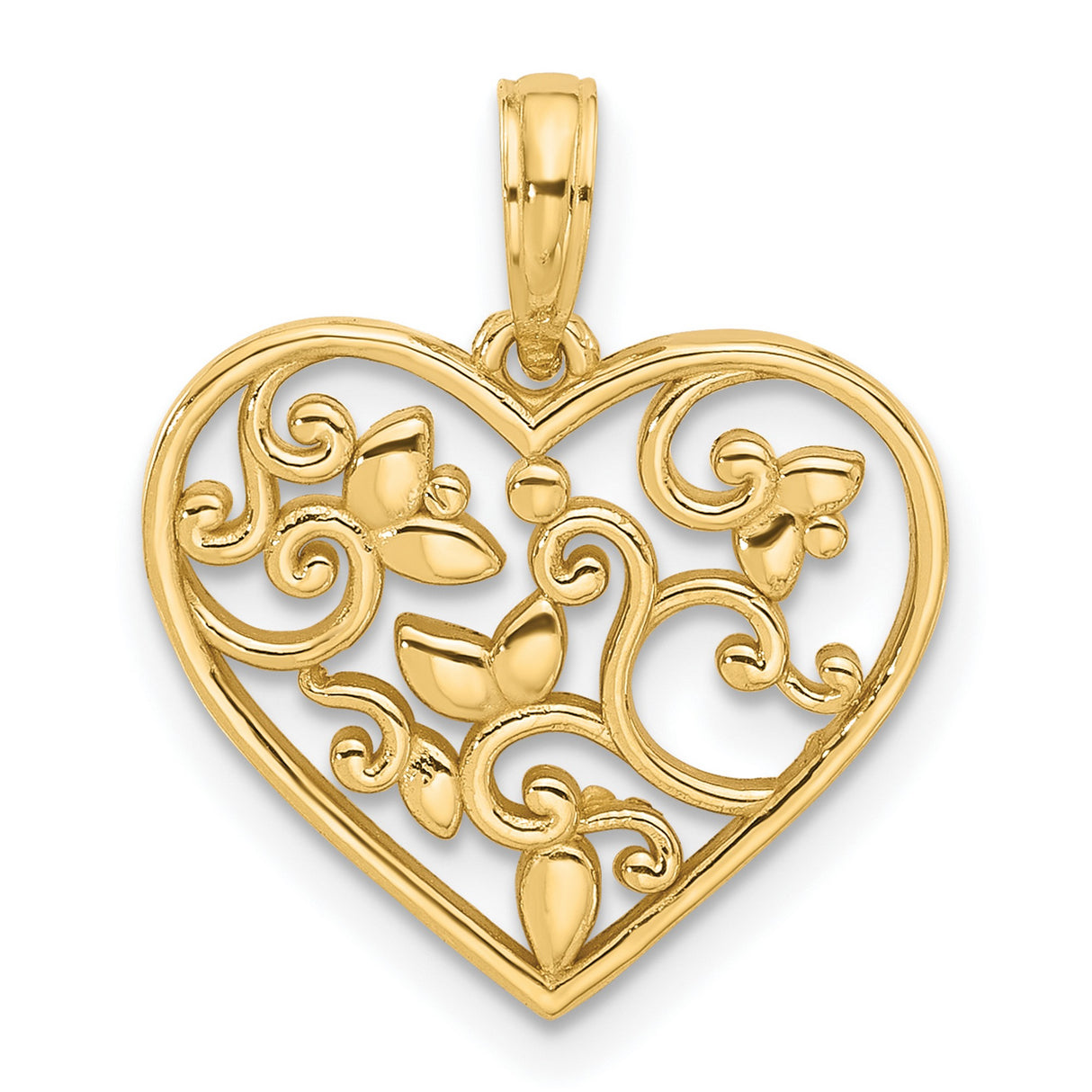 14k Yellow Gold Heart Pendant with Openwork Floral Scroll Design for Women